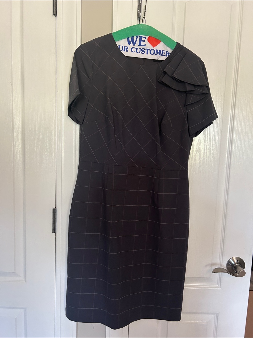 Banana Republic Gray Windowpane Midi Dress with Shoulder Ruffle